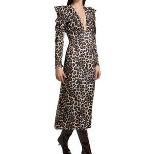 Farm Rio Leopard Print Maxi Dress Long Sleeve Ruffle XS
